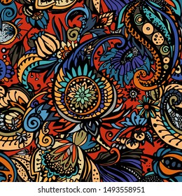 Paisley. Seamless floral pattern with oriental paisley or buta ornament. Textile