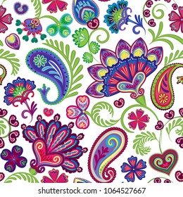 Paisley seamless hand draw vector pattern. Traditional Indian pattern for textiles, wallpapers, decor etc. Violet, purpl, red, yellow, green colors