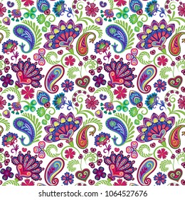 Paisley seamless hand draw vector pattern. Traditional Indian pattern for textiles, wallpapers, decor etc. Violet, purpl, red, yellow, green colors