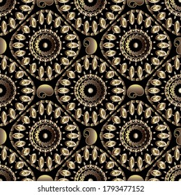 Paisley seamless mandalas pattern. Vector ornamental textured background. Repeat surface 3d backdrop. Floral oriental ornaments. Ethnic style decorative design with paisley flowers, mandalas, circles.