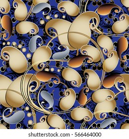 Paisley seamless pattern with 3d gold surface flowers and antique oriental decorative ornaments. Luxury fabric texture. Ornate flowery blue  background. Floral abstract modern wallpaper.