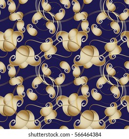 Paisley seamless pattern with 3d gold surface flowers and antique oriental decorative ornaments. Luxury vector fabric texture. Ornate flowery blue background. Floral abstract modern wallpaper.
