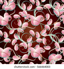 Paisley seamless pattern with 3d pink surface flowers and antique oriental decorative ornaments. Luxury fabric texture. Ornate flowery red  background. Floral abstract modern wallpaper.