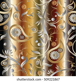 Paisley seamless pattern with 3d vintage gold decorative flowers leaves and ornaments.Floral wallpaper, Abstract flourish drapery 3d background.Vector paisley pattern.Paisley flowers.Black white gold