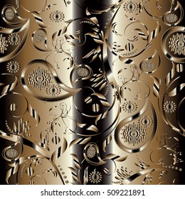 Paisley seamless pattern with 3d vintage gold decorative abstract paisley flowers leaves and ornaments.Floral gold wallpaper. Abstract flourish background.Vector paisley pattern