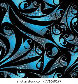 Paisley seamless pattern. Abstract black blue floral background. Modern ornaments with hand drawn paisley flowers, shapes, figures. Endless surface texture. Design for fabric, wallpapers, prints.