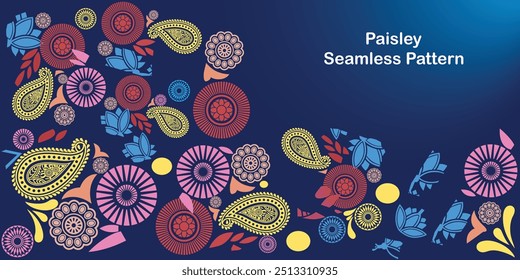 Paisley seamless pattern. Abstract elements, clean illustration style on dark plain background. Great for wallpapers, gift wrapping paper, fabrics and other uses.