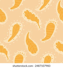 Paisley seamless pattern of autumn leaves. Fall park repeat background. Vector hand drawn flat illustration.