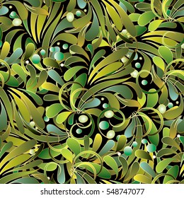 Paisley seamless pattern background wallpaper illustration with 3d green hand drawn vintage ornaments flowers and leaves.Ornate  vector fabric texture.with shadows and highlights