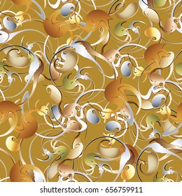 Paisley seamless pattern. Beige floral background wallpaper illustration with vintage gold silver 3d paisley  flowers and swirl curve line art abstract ornaments. Vector ornamental  texture
