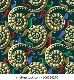 Paisley seamless pattern. Black background wallpaper illustration with vintage swirl circle colorful 3d flowers leaves and abstract oriental ornaments. Vector texture for fabric textile prints.