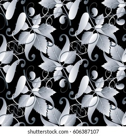 Paisley seamless pattern. Black background wallpaper illustration with vintage swirl white 3d flowers leaves and abstract oriental ornaments. Vector texture for fabric textile prints.