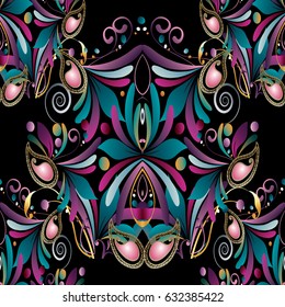 Paisley seamless pattern. Black floral background wallpaper illustration with colorful hand drawn paisley flowers, leaves and damask ornaments. Vector bright texture for fabric, textile, prints
