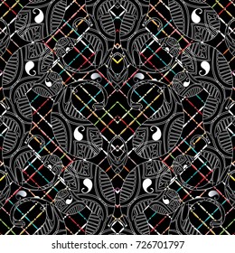 Paisley seamless pattern. Black striped check floral background. Vector paisley flowers wallpaper. Hand drawn elegance line art tracery paisley ornaments. Flowery design. Lattice paisley texture.
