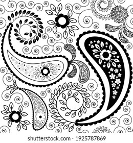 Paisley seamless pattern in black and white. Editable vector illustration with clipping mask, isolated. EPS 10