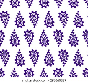 Paisley seamless pattern, block printed background, Indian motif ornament, vector