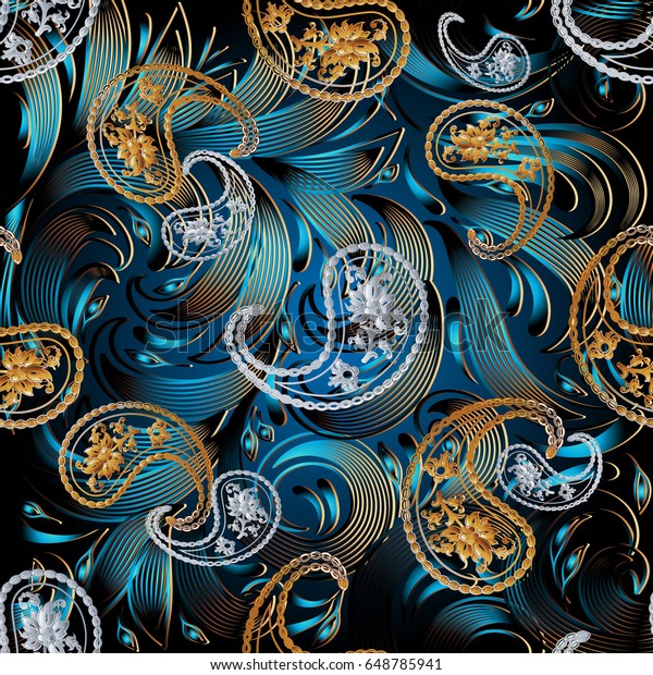 ペイズリーのシームレスなパターン 青い花柄の壁紙イラストとビンテージ手描きの金色の白い3dペイズリー花 渦巻き状の縞模様の葉 現代の装飾 ベクター画像の高級テクスチャー のベクター画像素材 ロイヤリティフリー
