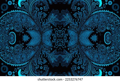 Paisley seamless pattern blue tone. Abstract traditional folk antique ethnic tribal graphic paisley line. Texture textile fabric patterns vector illustration. Ornate elegant luxury vintage retro style
