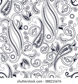 Paisley seamless pattern. Blue and white floral background.Vector illustration.
