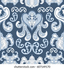 Paisley seamless pattern. Blue and White Floral background. Indian flower ornament. Abstract oriental elegant design.