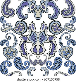 Paisley seamless pattern. Blue and White Floral background. Indian flower ornament. Abstract oriental elegant design.