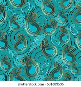 Paisley seamless pattern. Bright turquoise floral background wallpaper illustration with paisley flowers and modern 3d ornaments. Vector stylish texture for prints, fabric, textile, cloth, bed linens.