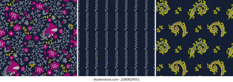 Colección Paisley Seamless de fondo floral Damask, ramas de flores aisladas. Fuschia boho flora oriental y botánica. Hojas naturales y follaje. Ilustración del vector