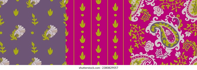 Colección Paisley Seamless de fondo floral Damask, ramas de flores aisladas. Fuschia boho flora oriental y botánica. Hojas naturales y follaje. Ilustración del vector