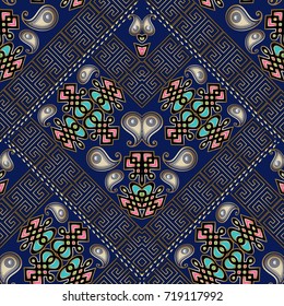 Paisley seamless pattern. Dark blue floral background wallpaper illustration with vintage  paisley flowers, dotted line rhombus frames, meander, greek key and abstract modern geometric ornaments. 