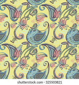 Paisley seamless pattern for design of packaging, fabric, textile, wrapping paper, wallpaper, web design. Vintage flowers background. Vector illustration