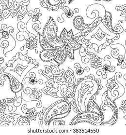 Paisley seamless pattern. Doodle hand drawn background, Indian motif ornament, vector. Black and white line art ethnic flowers design. Adult coloring book page. Joy to colorists, who like art, relax 