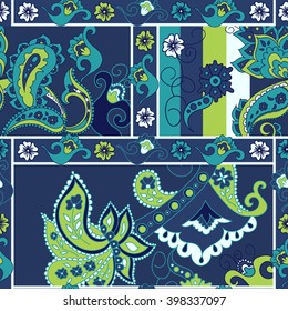 Paisley seamless pattern. Doodle hand drawn background, Indian motif ornament, vector. Line art ethnic flowers design. Asian motifs for fashion, cover, textile, wrapping, background. Boho style