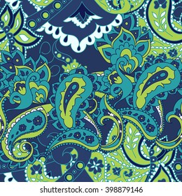 Paisley seamless pattern. Doodle hand drawn background, Indian motif ornament, vector. Line art ethnic flowers design. Asian motifs for fashion, cover, textile, wrapping, background. Boho style