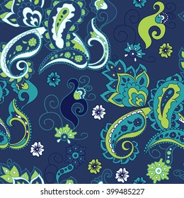 Paisley seamless pattern. Doodle hand drawn background, Indian motif ornament, vector. Line art ethnic flowers design. Asian motifs for fashion, cover, textile, wrapping, background. Boho style