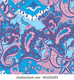 Paisley seamless pattern. Doodle hand drawn background, Indian motif ornament, vector. Line art ethnic flowers design. Asian motifs for fashion, cover, textile, wrapping, background. Boho hippie style