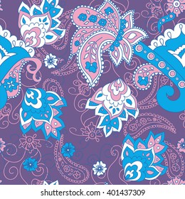 Paisley seamless pattern. Doodle hand drawn background, Indian motif ornament, vector.
Line art ethnic flowers design. Asian motifs for fashion, cover, textile,
wrapping, background. Boho style