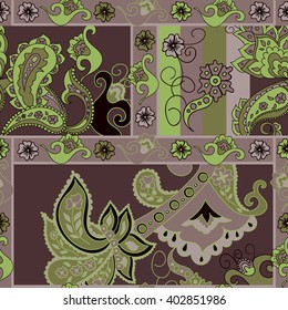 Paisley seamless pattern. Doodle hand drawn background, Indian motif ornament, vector. Line art ethnic flowers design. Asian motifs for fashion, cover, textile, wrapping, background. Boho hippie style