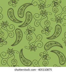 Paisley seamless pattern. Doodle hand drawn background, Indian motif ornament, vector. Line art ethnic flowers design. Asian motifs for fashion, cover, textile, wrapping, background. Boho style
