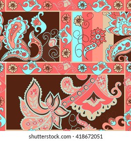 Paisley seamless pattern. Doodle hand drawn background, Indian motif ornament, vector. Line art ethnic flowers design. Asian motifs for fashion, cover, textile, wrapping, background. Boho hippie style