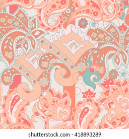 Paisley seamless pattern. Doodle hand drawn background, Indian motif ornament, vector. Line art ethnic flowers design. Asian motifs for fashion, cover, textile, wrapping, background. Boho hippie style