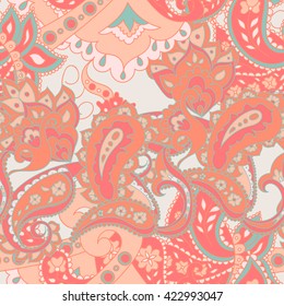 Paisley seamless pattern. Doodle hand drawn background, Indian motif ornament, vector. Line art ethnic flowers design. Asian motifs for fashion, cover, textile, wrapping, background. Boho hippie style