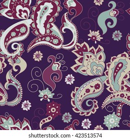 Paisley seamless pattern. Doodle hand drawn background, Indian motif ornament, vector. Line art ethnic flowers design. Asian motifs for fashion, cover, textile, wrapping, background. Boho hippie style