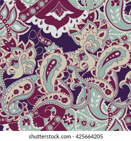 Paisley seamless pattern. Doodle hand drawn background, Indian motif ornament, vector. Line art ethnic flowers design. Asian motifs for fashion, cover, textile, wrapping, background. Boho hippie style