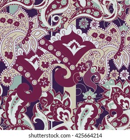 Paisley seamless pattern. Doodle hand drawn background, Indian motif ornament, vector. Line art ethnic flowers design. Asian motifs for fashion, cover, textile, wrapping, background. Boho hippie style