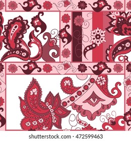 Paisley seamless pattern. Doodle hand drawn background, Indian motif ornament, vector. Line art ethnic flowers design. Asian motifs for fashion, cover, textile, wrapping, background. Boho hippie style