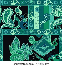 Paisley seamless pattern. Doodle hand drawn background, Indian motif ornament, vector. Line art ethnic flowers design. Asian motifs for fashion, cover, textile, wrapping, background. Boho hippie style