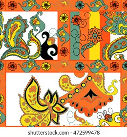 Paisley seamless pattern. Doodle hand drawn background, Indian motif ornament, vector. Line art ethnic flowers design. Asian motifs for fashion, cover, textile, wrapping, background. Boho hippie style