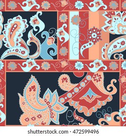 Paisley seamless pattern. Doodle hand drawn background, Indian motif ornament, vector. Line art ethnic flowers design. Asian motifs for fashion, cover, textile, wrapping, background. Boho hippie style