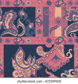 Paisley seamless pattern. Doodle hand drawn background, Indian motif ornament, vector. Line art ethnic flowers design. Asian motifs for fashion, cover, textile, wrapping, background. Boho hippie style