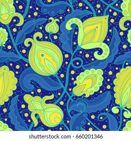 Paisley seamless pattern. Doodle hand drawn background, Indian motif ornament, vector. Line art ethnic flowers design. Asian motifs for fashion, cover, textile, wrapping, background. Boho hippie style